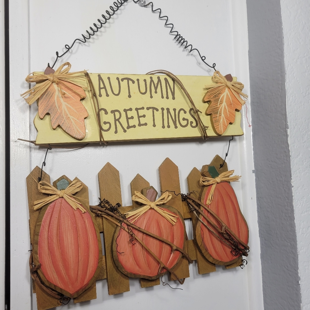 AUTUMN GREETINGS Pumpkin Sign Wall Decor Hanging